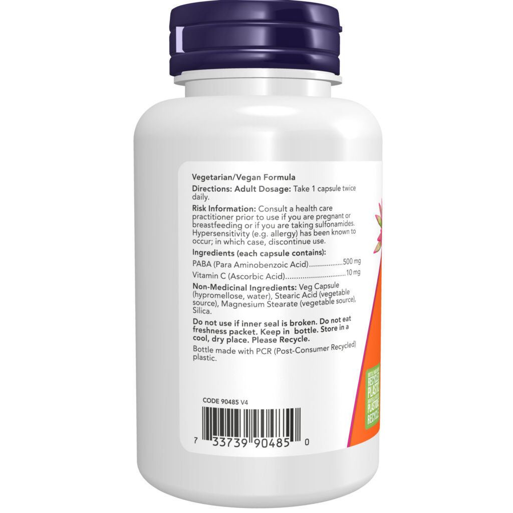 PABA 500 mg with Vitamin C Veg Capsules - Now Foods Canada