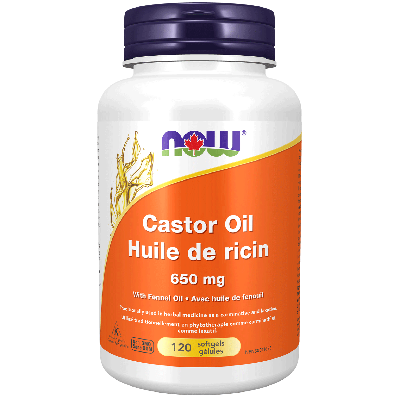 Castor Oil 650 mg with Fennel Oil Softgels Now Foods Canada