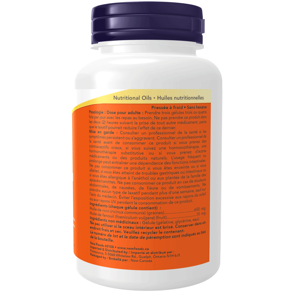 Castor Oil 650 mg with Fennel Oil Softgels Now Foods Canada