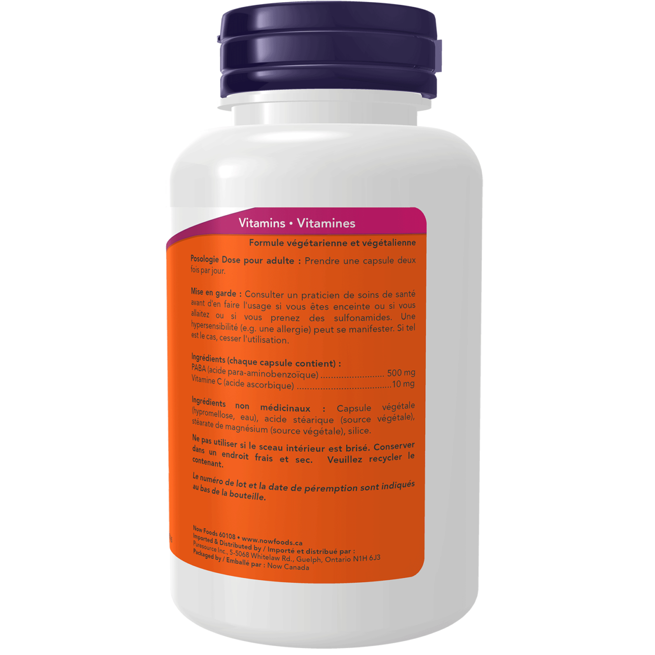 PABA 500 mg with Vitamin C Veg Capsules - Now Foods Canada