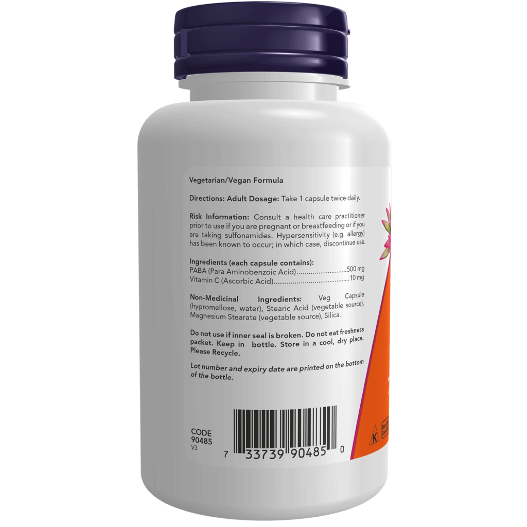 PABA 500 mg with Vitamin C Veg Capsules - Now Foods Canada